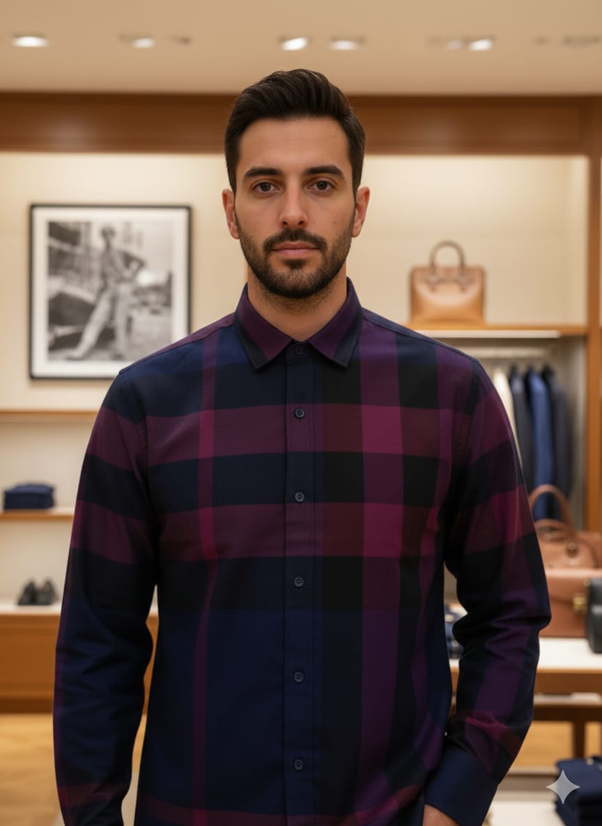 Navy checked Burberry style casual men's shirt
