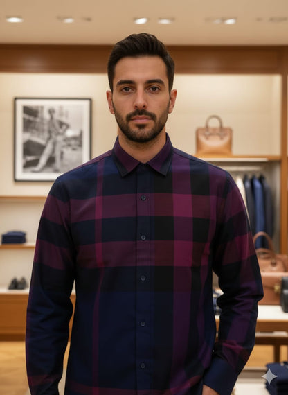Navy checked Burberry style casual men's shirt
