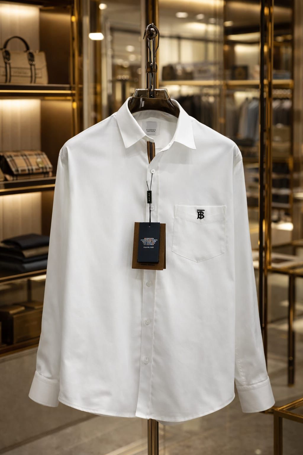 Burberry men's white cotton Oxford shirt with embroidered pocket logo
