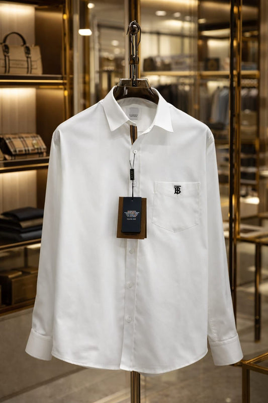 Burberry men's white cotton Oxford shirt with embroidered pocket logo

