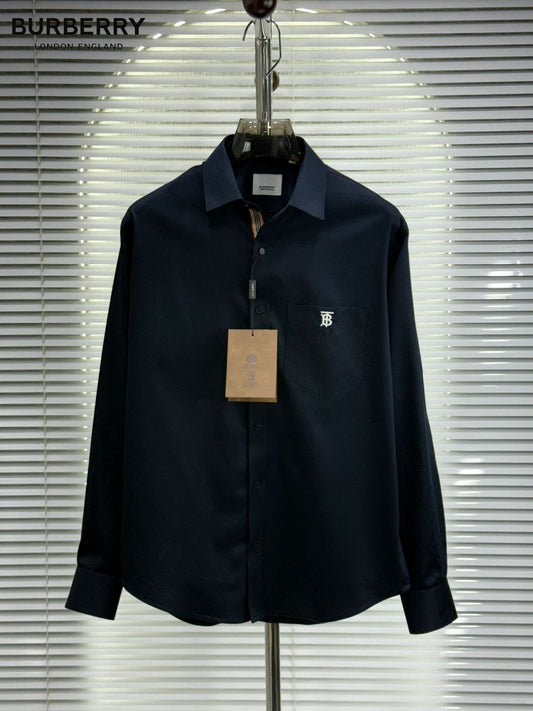 Burberry men's navy cotton Oxford regular fit shirt with embroidered pocket logo
