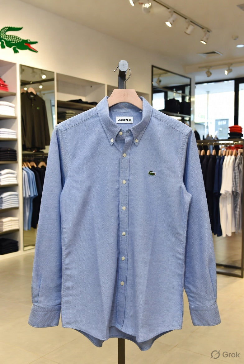 Lacoste men's blue cotton Oxford regular fit shirt
