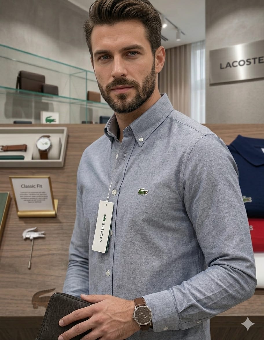 Premium Lacoste grey full sleeve Oxford shirt
