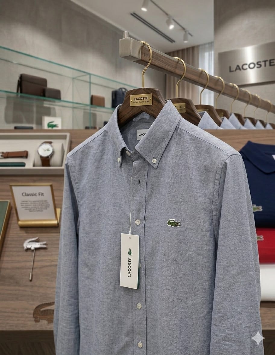 Lacoste men's grey cotton Oxford regular fit shirt

