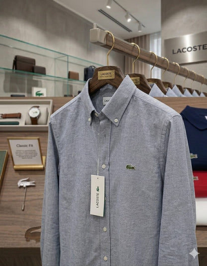 Lacoste men's grey cotton Oxford regular fit shirt
