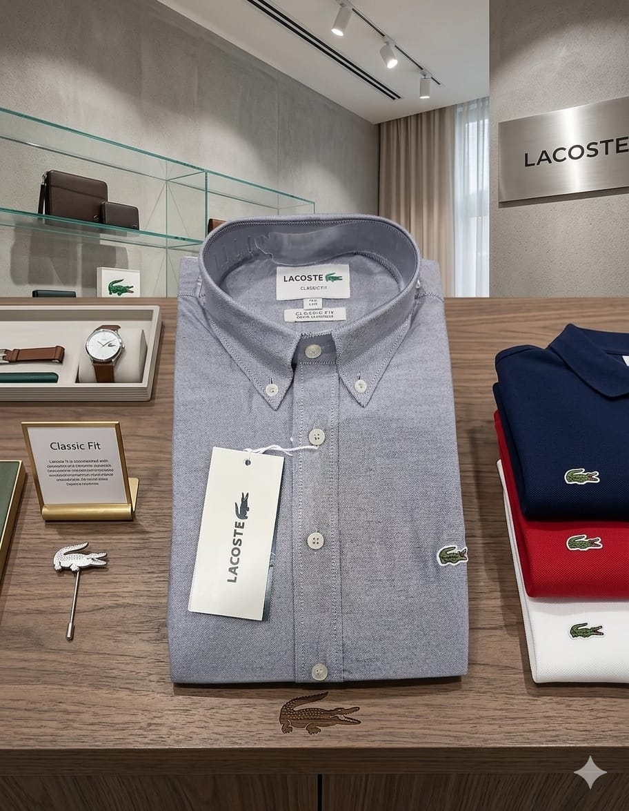 Luxury Lacoste grey Oxford cotton shirt