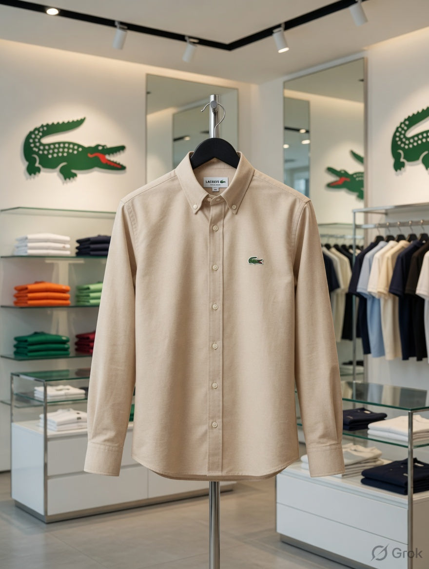 Lacoste men's beige cotton Oxford regular fit shirt
