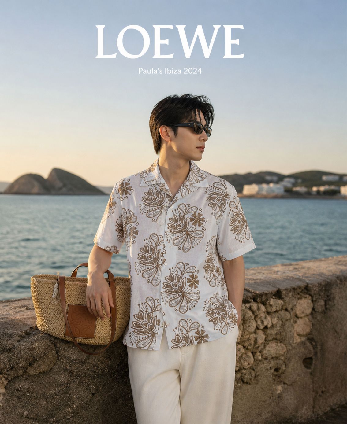 Loewe men's white embroidered linen regular fit shirt

