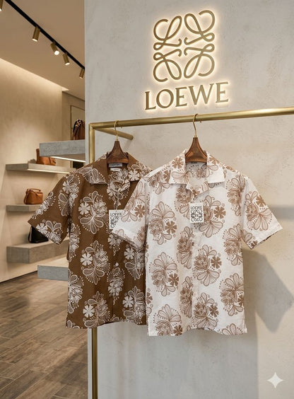 Loewe embroidered linen shirts in white and beige for men
