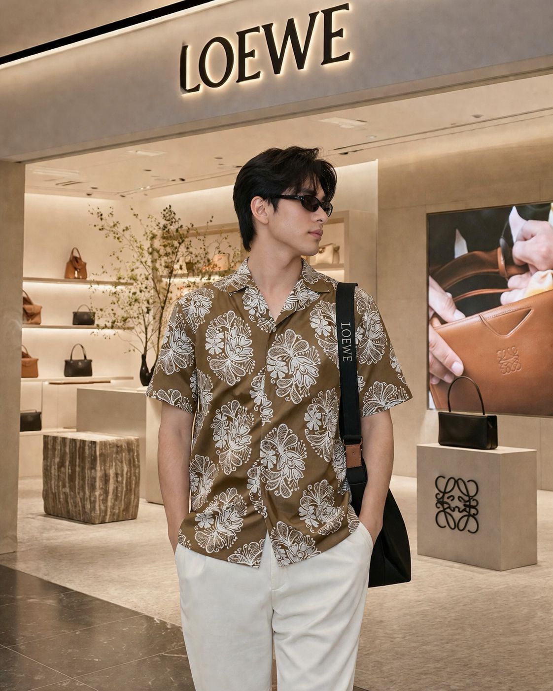 Loewe men's beige embroidered linen regular fit shirt
