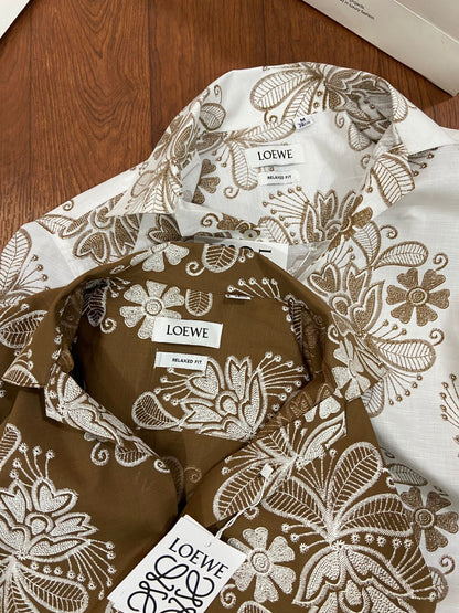 Premium Loewe regular fit linen shirts with all-over embroidery
