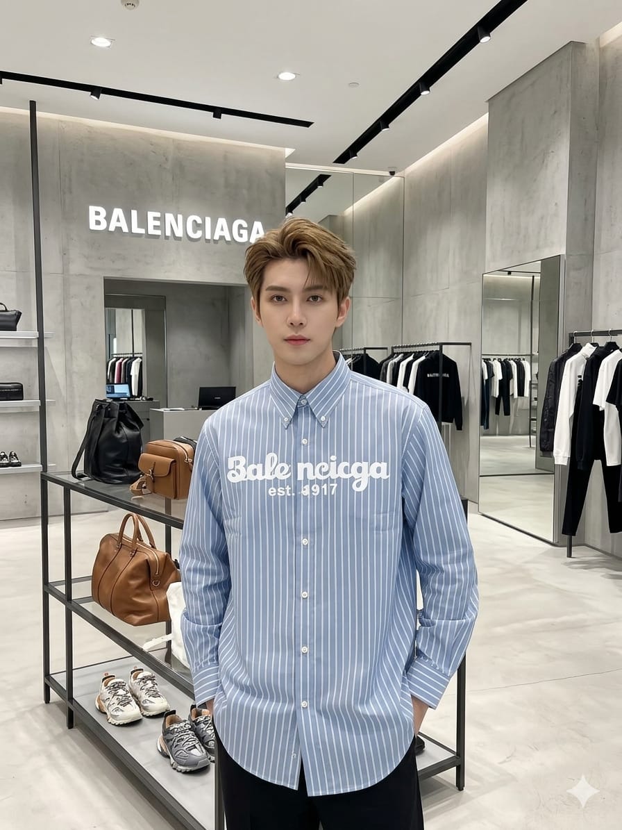 Luxury Balenciaga sky blue cotton regular fit shirt for men
