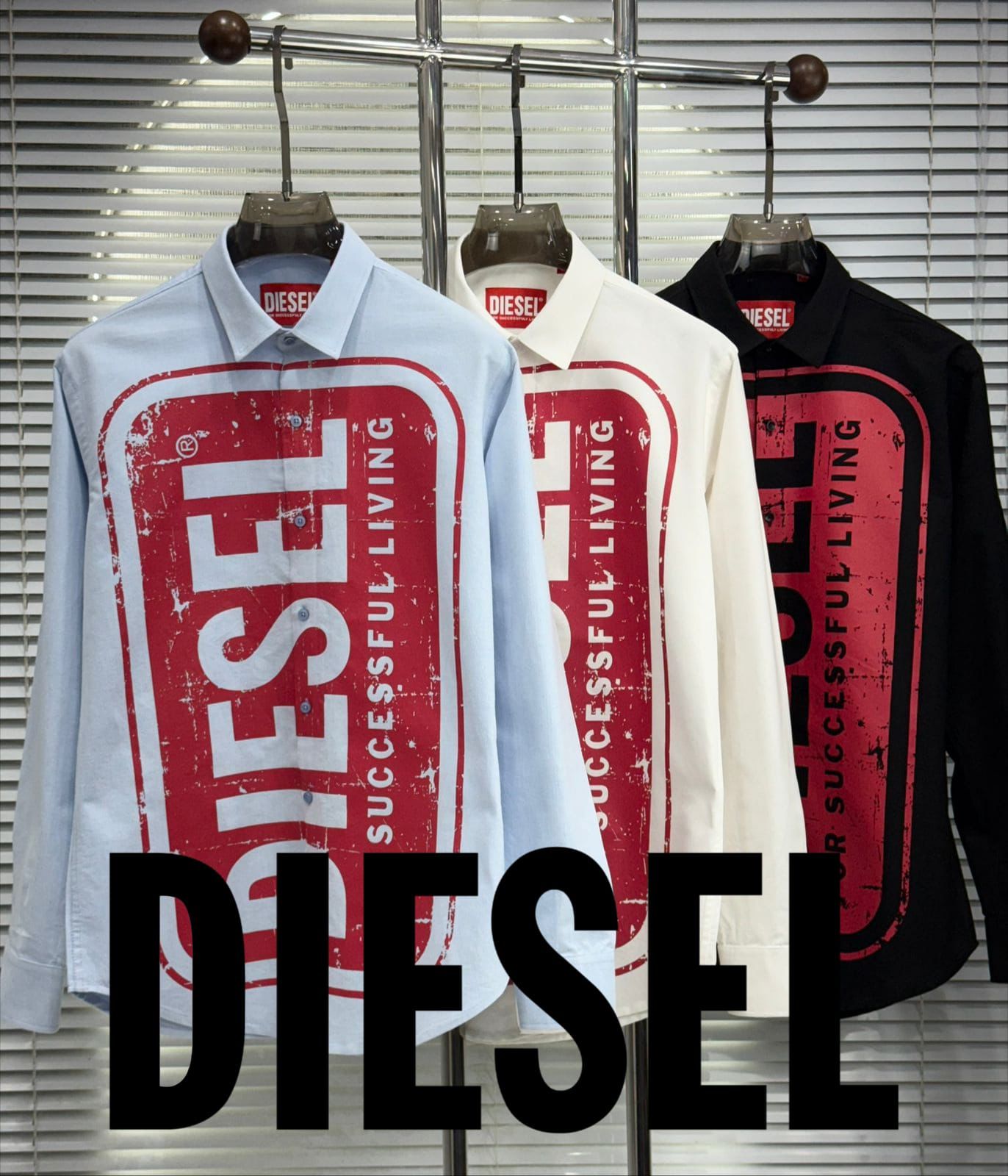 Diesel premium 2-ply Oxford cotton shirts in sky blue, white and black
