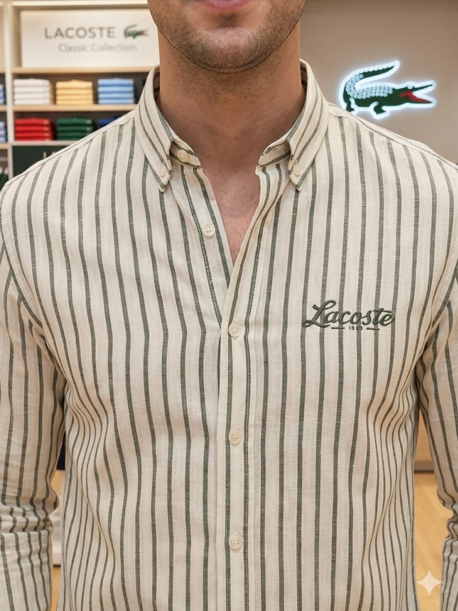 Premium Lacoste white full sleeve linen slub shirt for men
