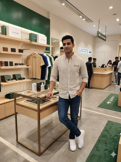 Premium Lacoste beige full sleeve linen slub shirt for men
