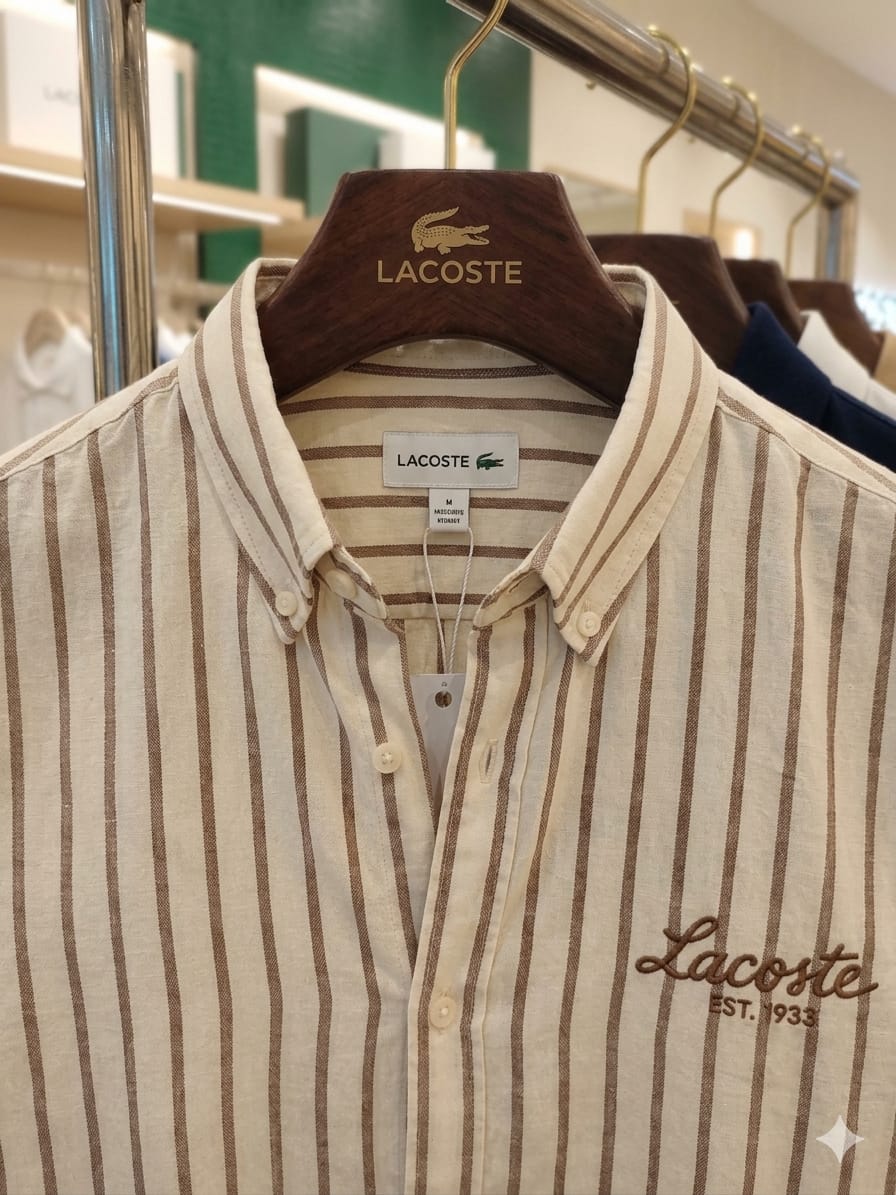 Lacoste beige cotton linen shirt for office and smart casual wear
