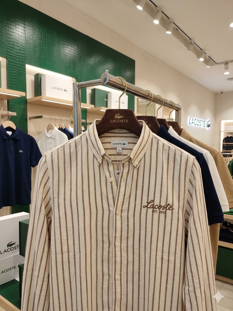 Luxury Lacoste beige regular fit linen slub shirt with premium finishing
