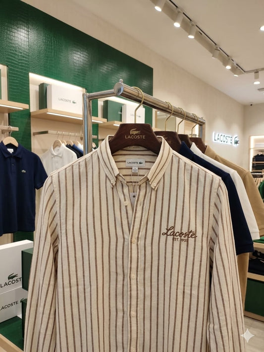 Luxury Lacoste beige regular fit linen slub shirt with premium finishing
