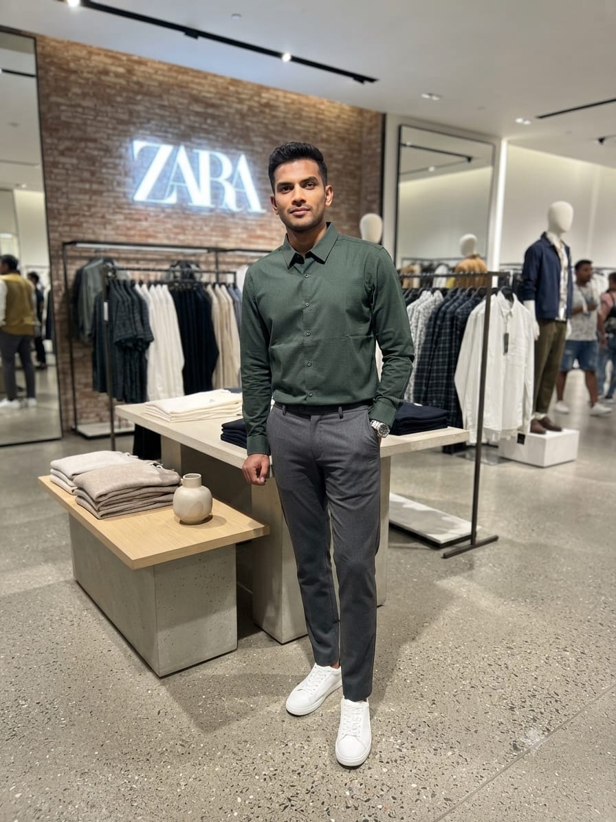 ZARA men's olive green cotton lycra regular fit shirt
