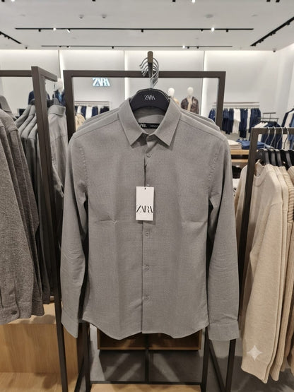 ZARA men's light grey cotton lycra regular fit shirt
