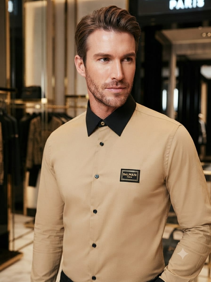 Luxury Balmain Beige regular fit cotton shirt with embossed buttons