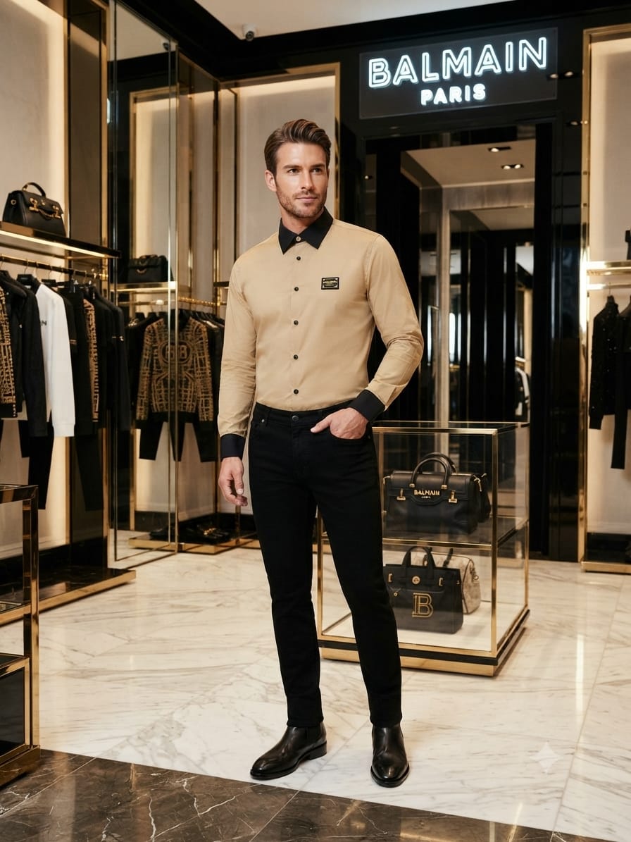 Balmain Beige designer Italian cotton shirt for office wear
