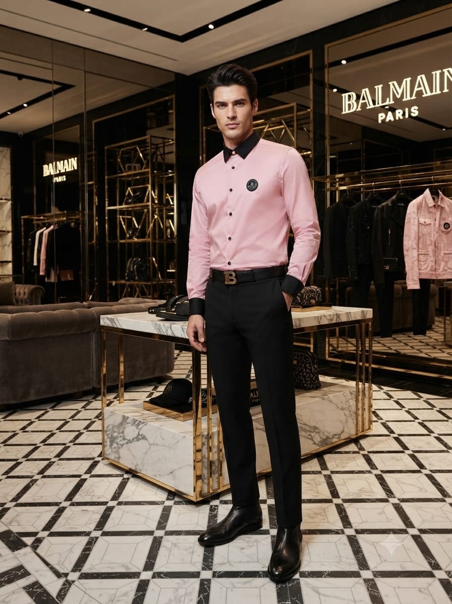 Luxury Balmain pink regular fit cotton shirt