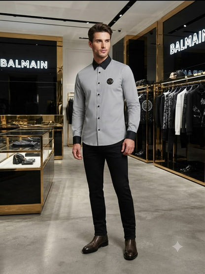 Luxury Balmain grey regular fit cotton shirt