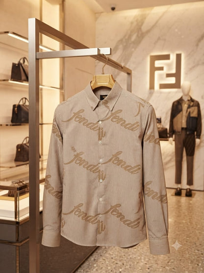Fendi men's beige premium cotton twill regular fit shirt
