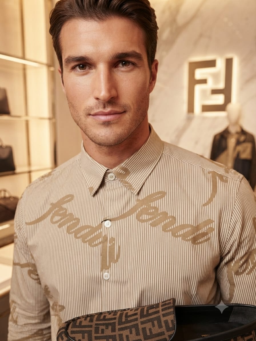 Luxury Fendi beige regular fit cotton twill shirt with premium finishing
