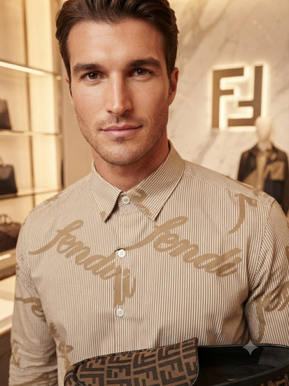 Luxury Fendi beige regular fit cotton twill shirt with premium finishing
