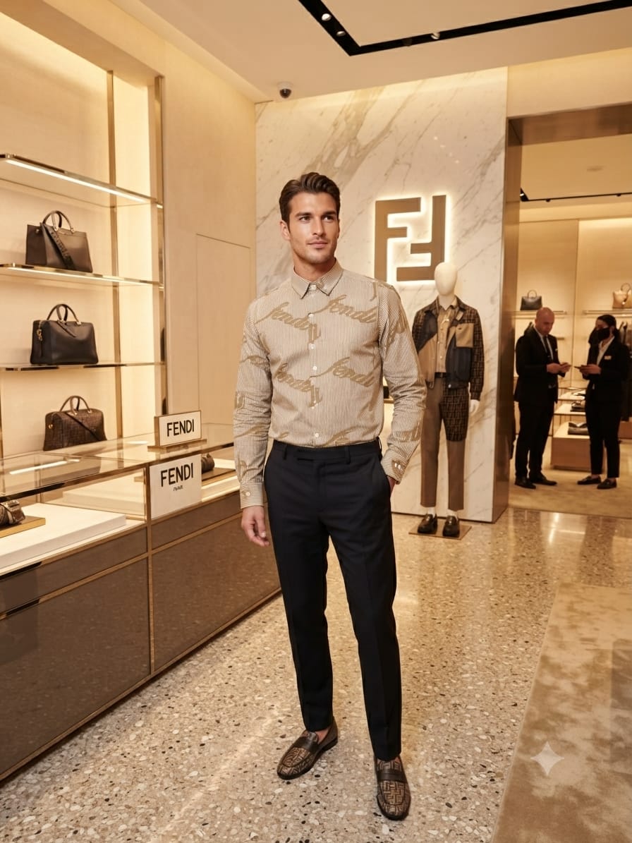 Fendi beige designer cotton twill shirt for office and smart casual wear
