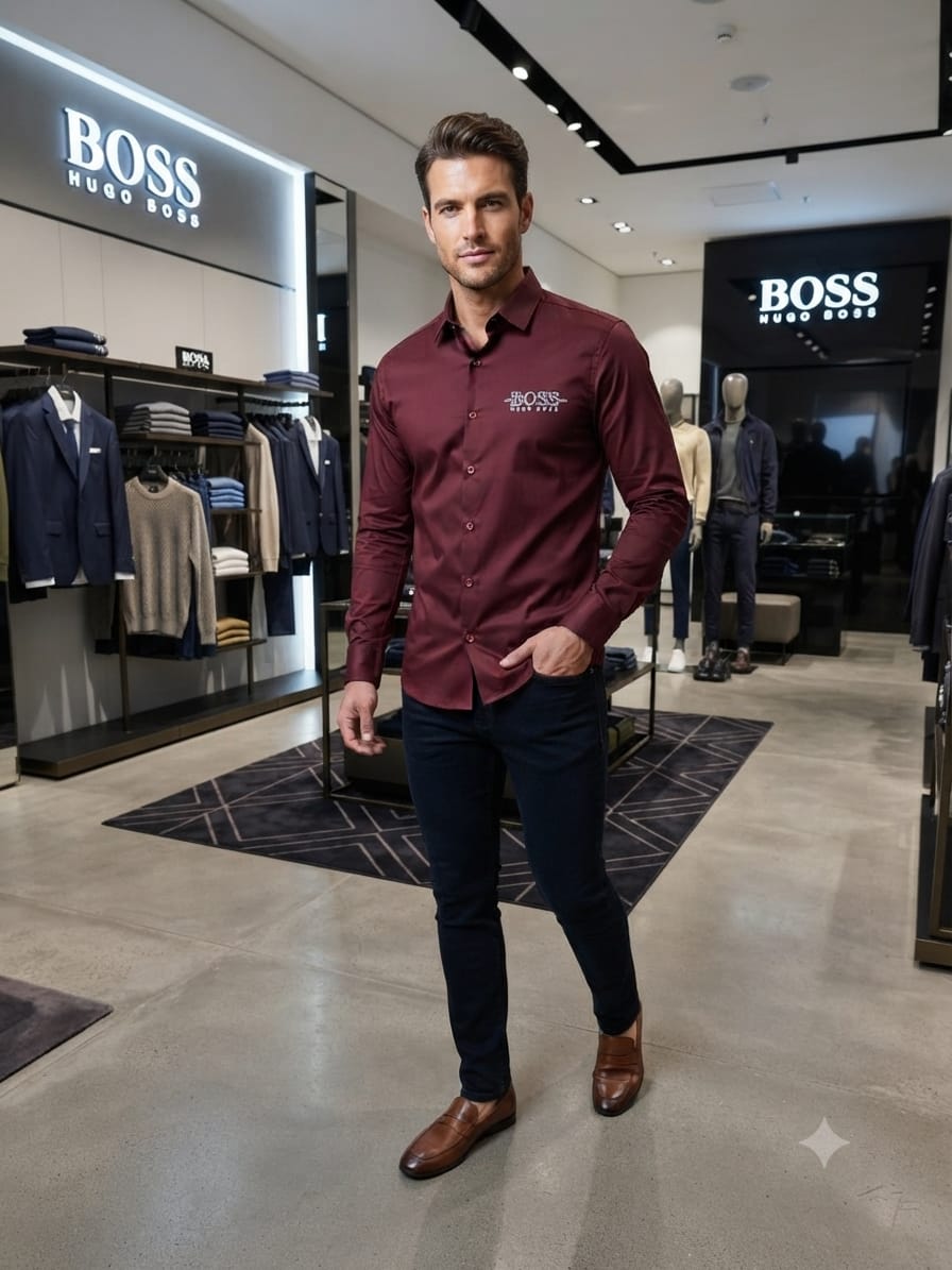 Luxury BOSS wine regular fit Oxford cotton shirt