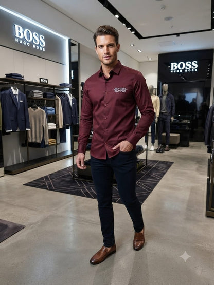 Luxury BOSS wine regular fit Oxford cotton shirt