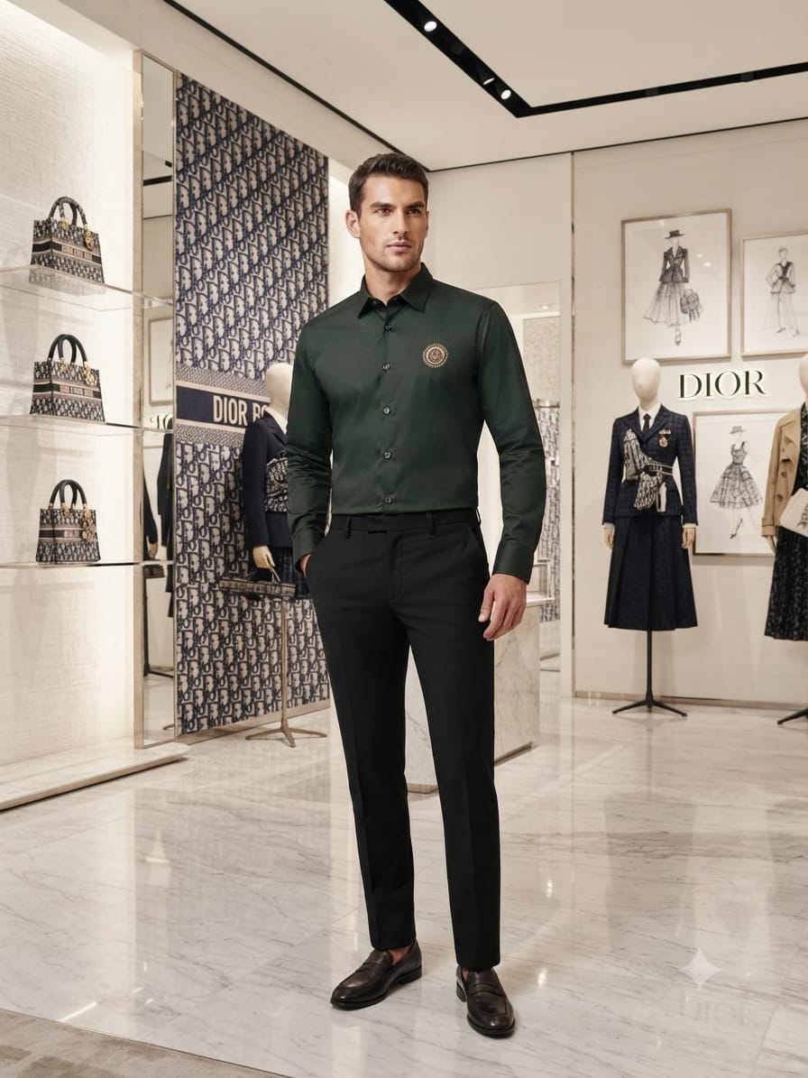 Dior men's olive green premium Crush cotton regular fit shirt
