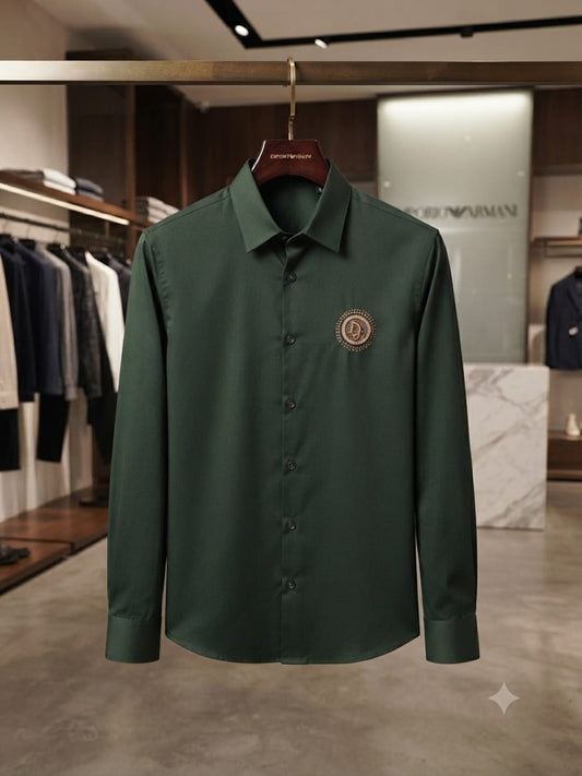 Dior olive green designer cotton shirt with embossed buttons for office wear
