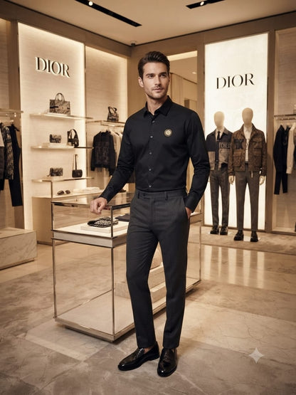 Dior black designer cotton shirt with embossed buttons for office and casual wear
