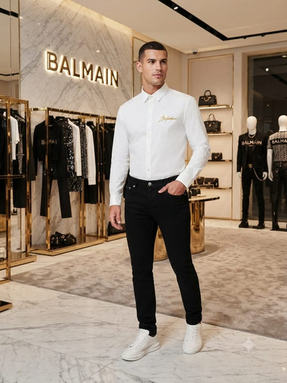Luxury Balmain white regular fit Crush cotton shirt with premium finishing
