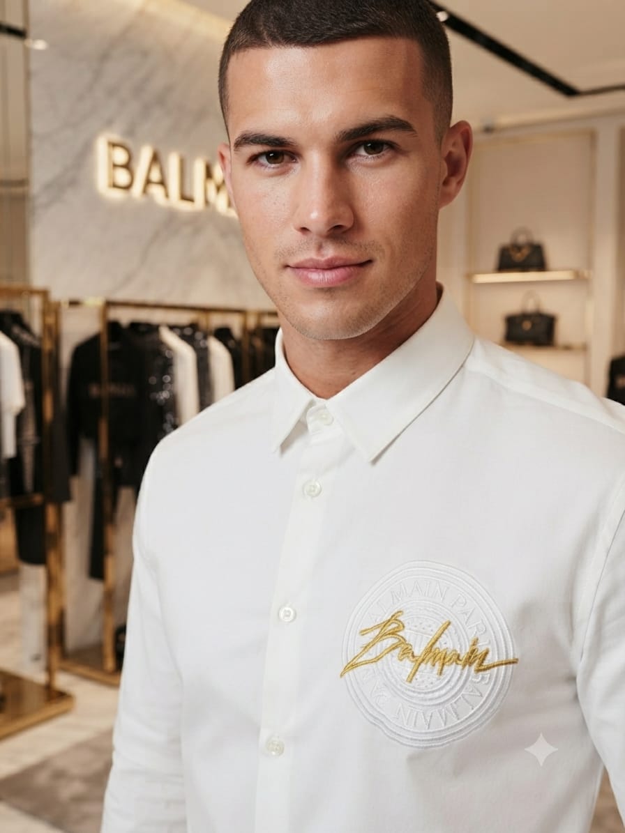 Balmain white designer Crush cotton shirt with embossed buttons for office and business casual wear
