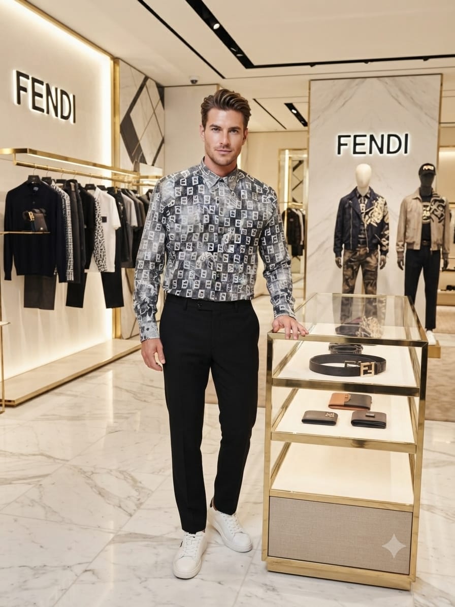Luxury Fendi black regular fit cotton twill shirt with premium finishing