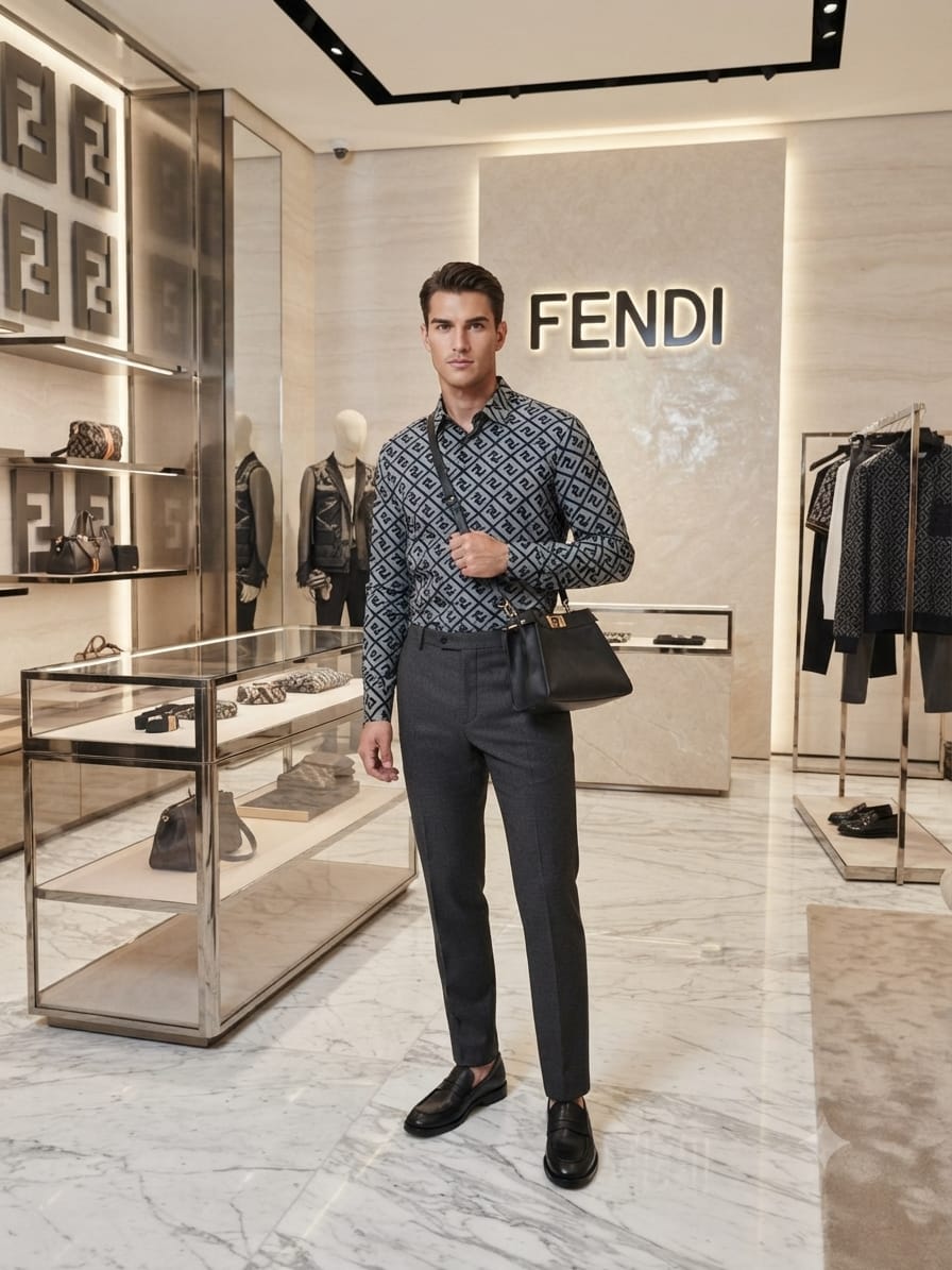 Luxury Fendi grey regular fit cotton twill shirt with premium finishing
