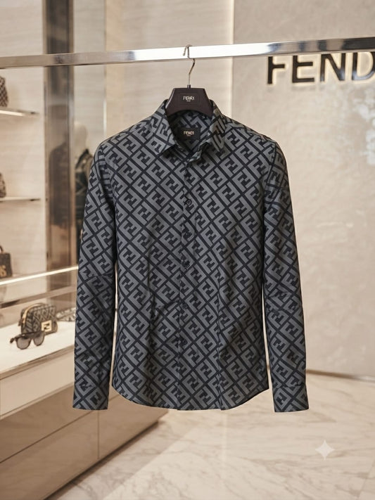 Fendi men's grey premium cotton twill regular fit shirt
