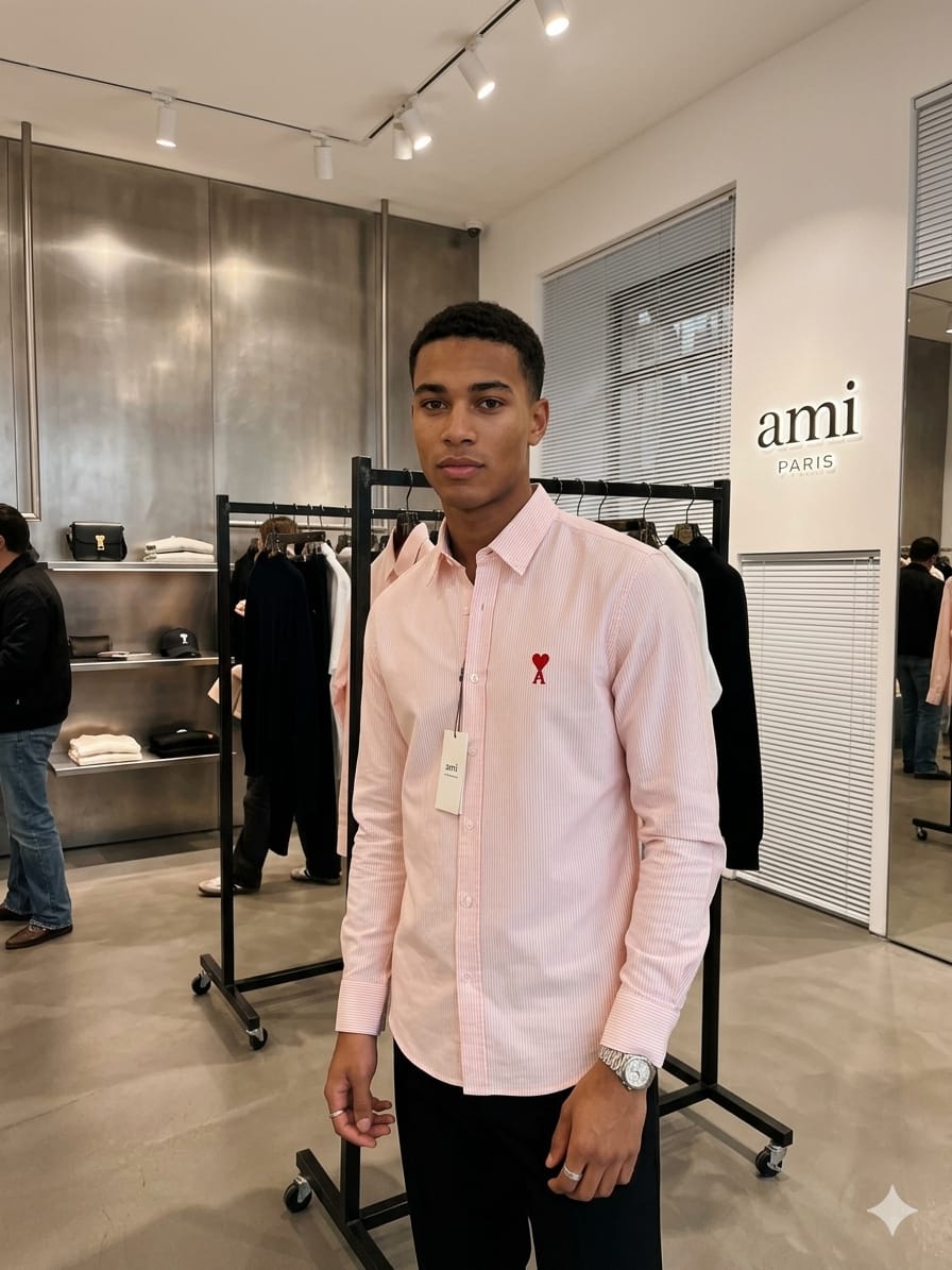 Luxury AMI Paris pink regular fit cotton shirt with front embroidery