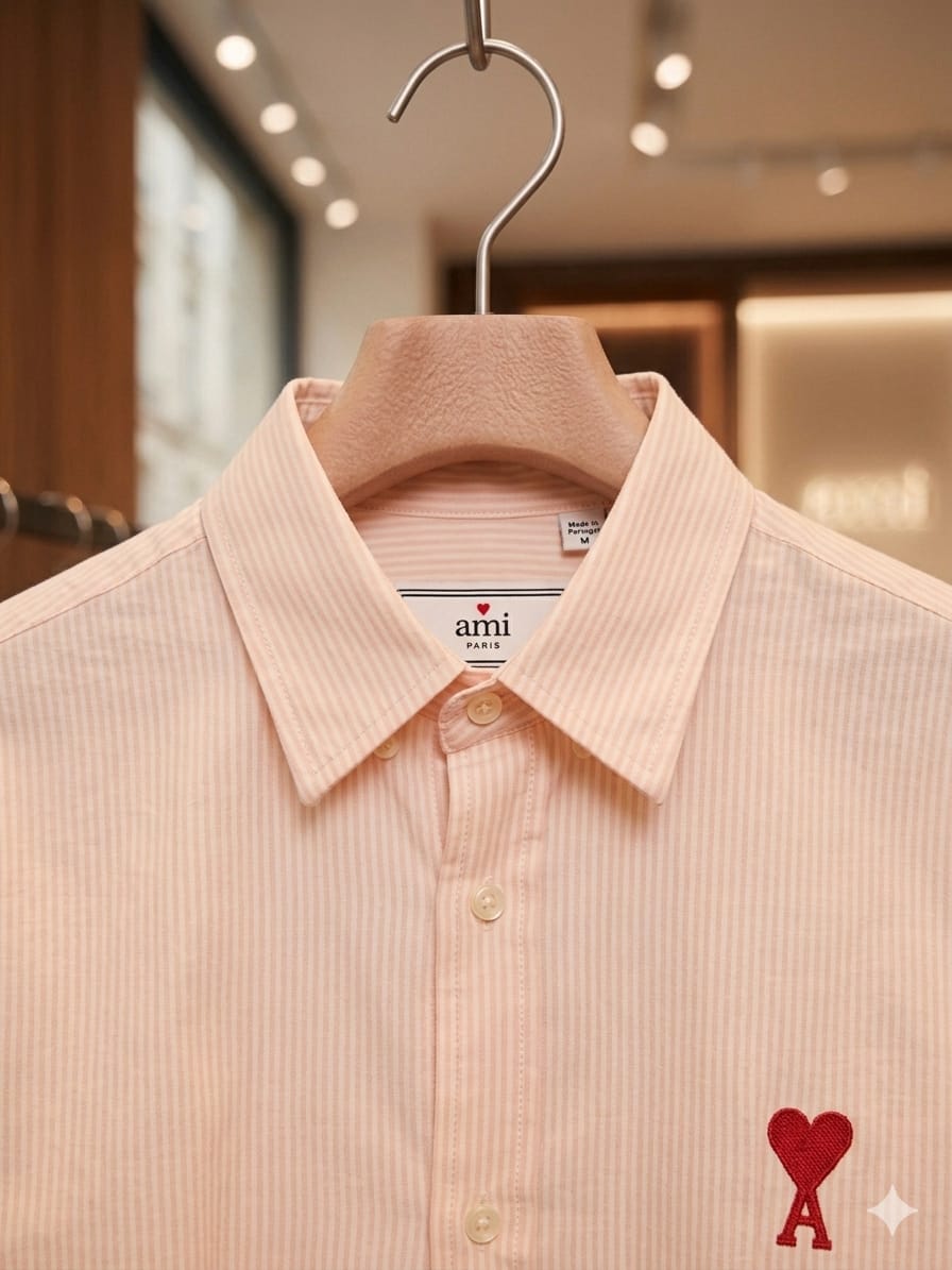 AMI Paris men's peach premium cotton regular fit embroidered shirt
