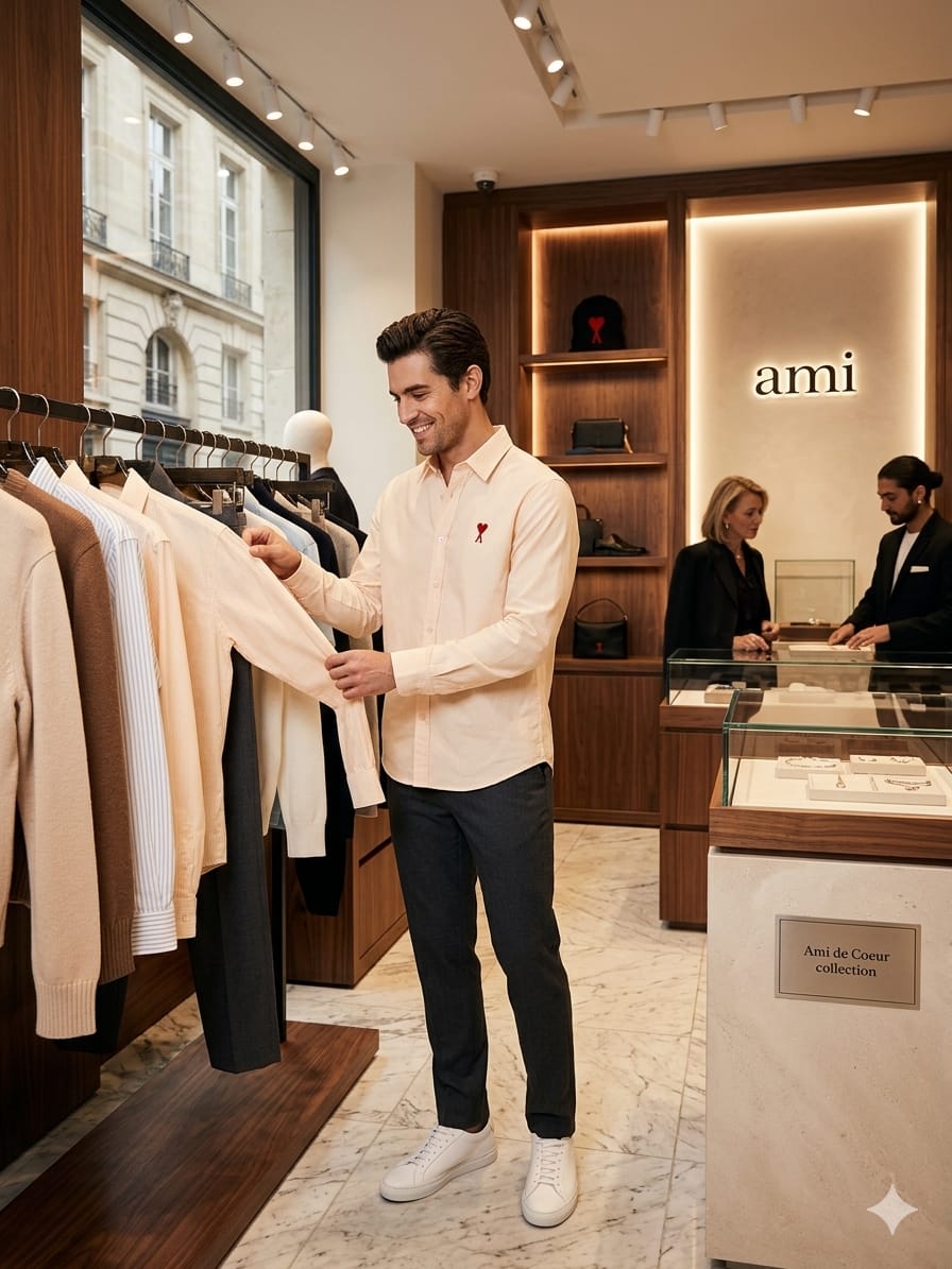 Luxury AMI Paris peach regular fit cotton shirt with front embroidery