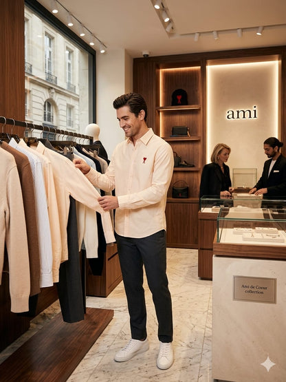 Luxury AMI Paris peach regular fit cotton shirt with front embroidery