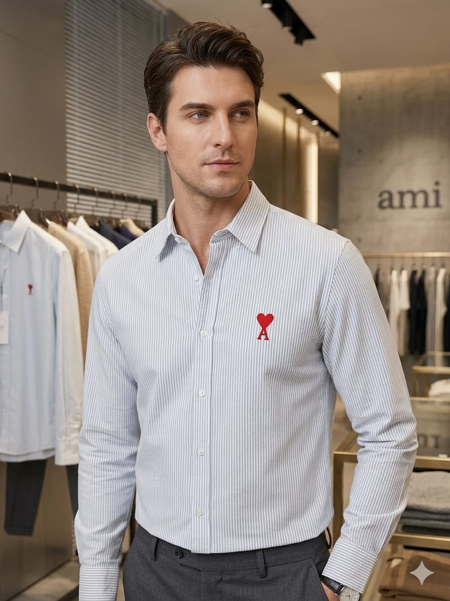 AMI Paris sky blue embroidered logo cotton shirt for office and smart casual wear
