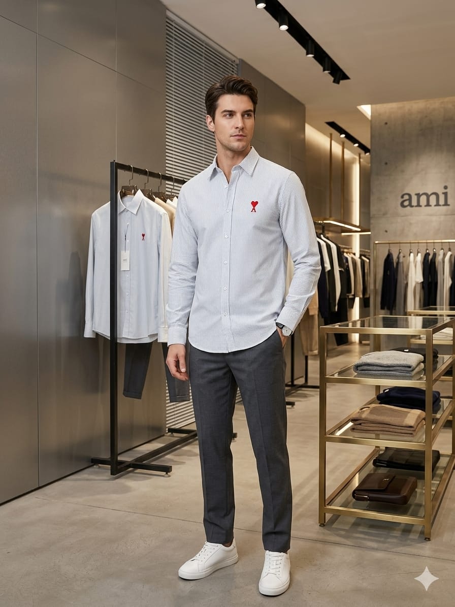 Luxury AMI Paris sky blue regular fit cotton shirt with front embroidery