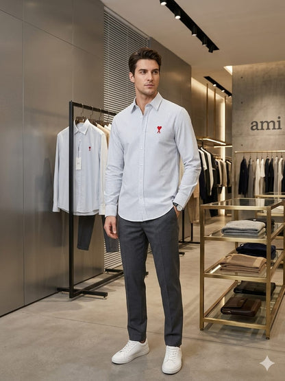 Luxury AMI Paris sky blue regular fit cotton shirt with front embroidery