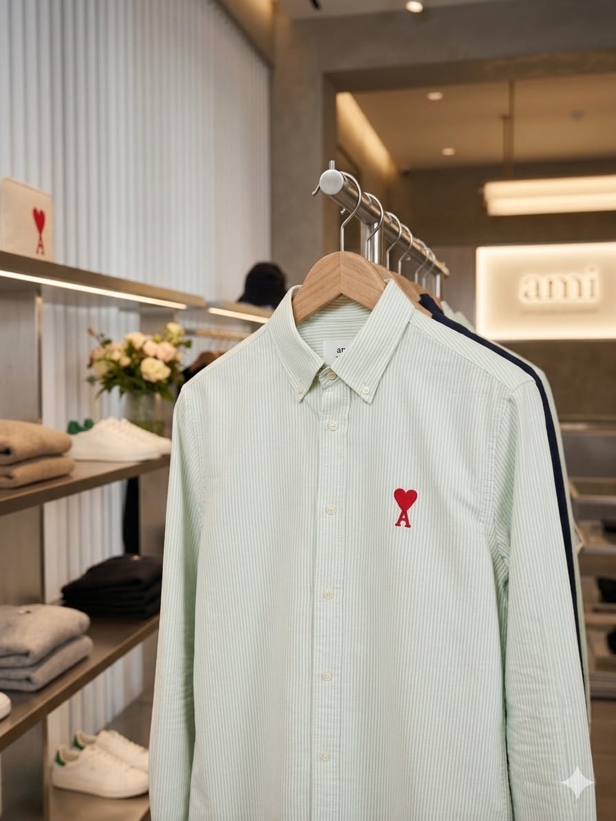 AMI Paris men's mint green premium cotton regular fit embroidered shirt
